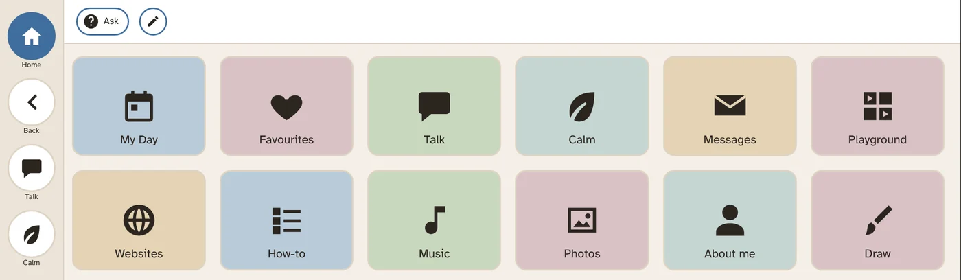 Haven's Home screen: big picture tiles for My Day, Favourites, Talk, Calm, Messages, Playground, Websites, How-to, Music, Photos, About me and Draw.