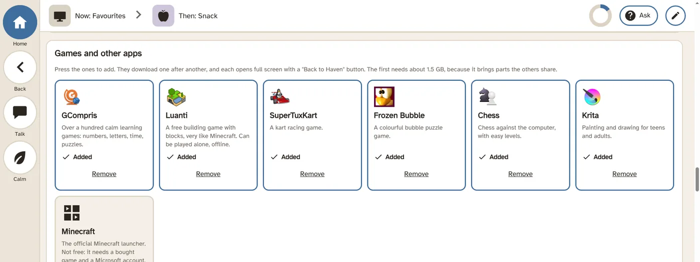 The carer's Games and other apps settings: cards for GCompris, Luanti, SuperTuxKart, Frozen Bubble, Chess and Krita, each marked Added, and Minecraft, not added, marked as not free.