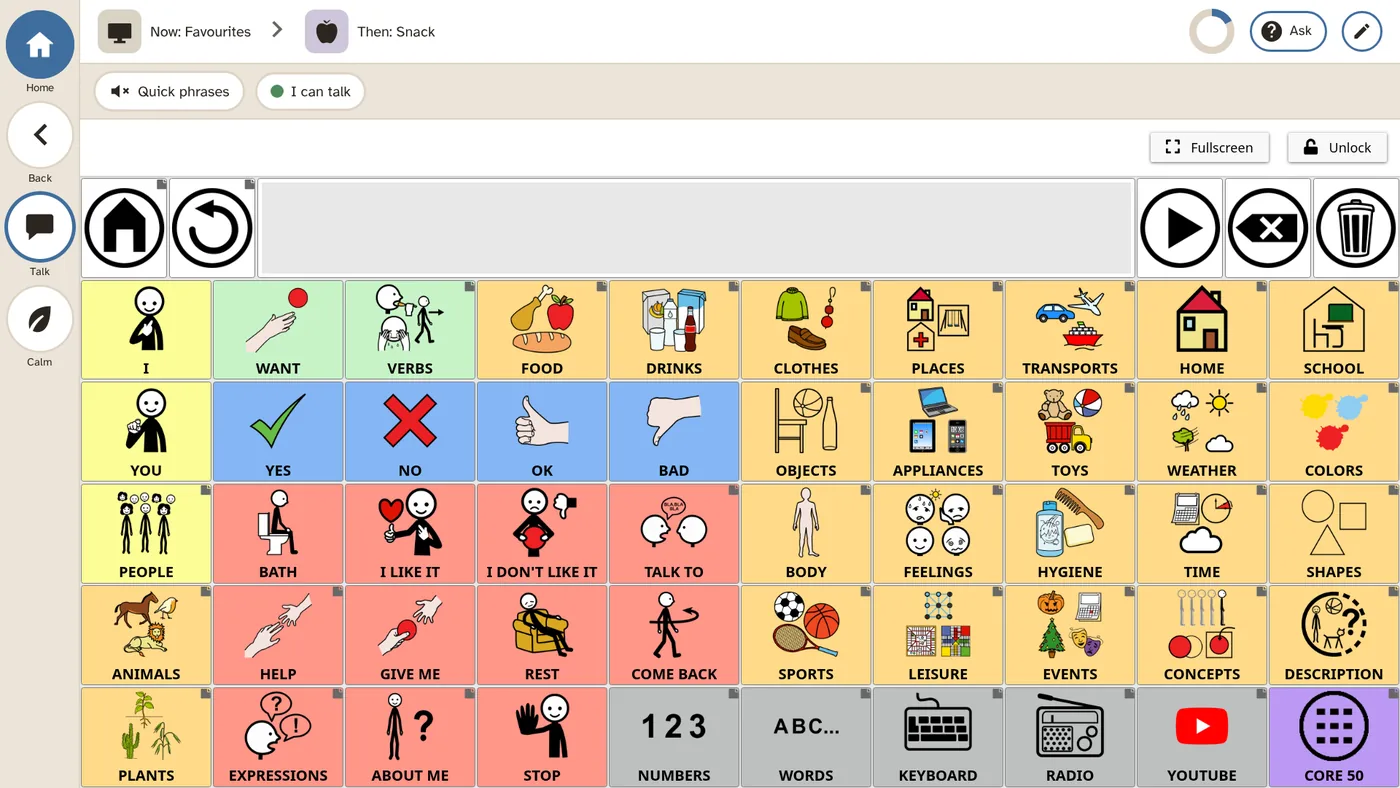 Talk: a board of picture symbols to press, such as I, want, yes, no, food, drinks, people, feelings, help, stop, with quick phrases and a talking status at the top.