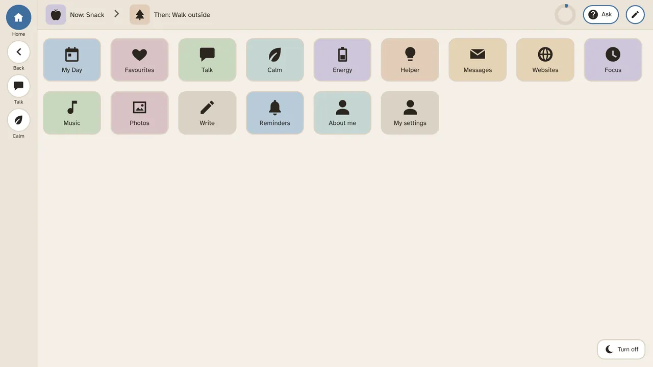 Home with smaller tiles including Focus, Write, Reminders and My settings.