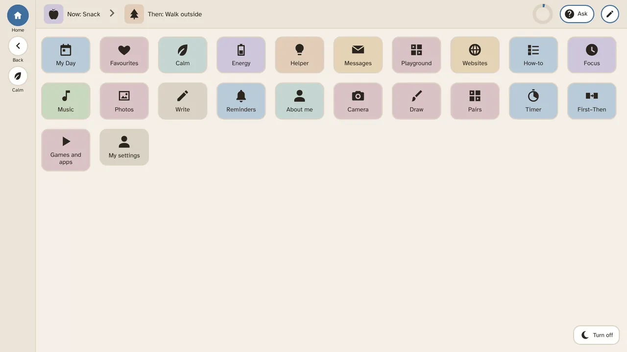 Home with many small tiles, including Camera, Games and apps, and My settings.