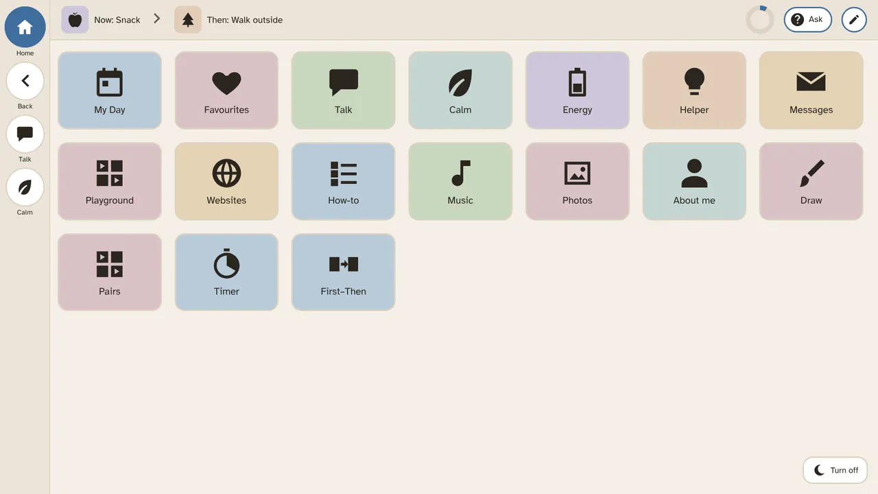 Home with picture tiles and words: My Day, Favourites, Talk, Calm, Energy, Helper, Messages, Playground, Websites, How-to, Music, Photos, About me, Draw, Pairs, Timer, First–Then.