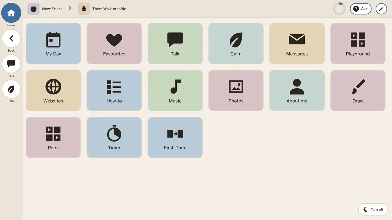 Home with big picture tiles: My Day, Favourites, Talk, Calm, Messages, Playground, Websites, How-to, Music, Photos, About me, Draw, Pairs, Timer, First–Then.